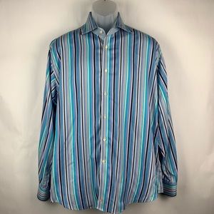 Thomas Dean Mens Blue & White Stripped Shirt Large